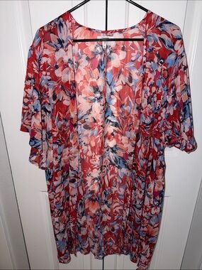 Maurices Floral Open Front Kimono - Red, Blue & Cream